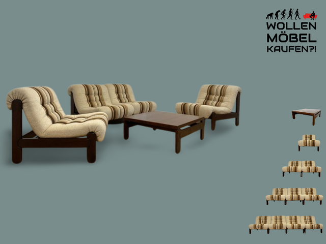 WMK I 1/4 Stilvolle 70er Space Age Modular Sessel mit beigem Wollbezug auf Holzrahmen I Clubsessel 3er 2er Sofa Couch Sitzgarnitur Sitzgruppe Ecksofa Lounge Retro Wohnzimmer Set Vintage Mid-Century