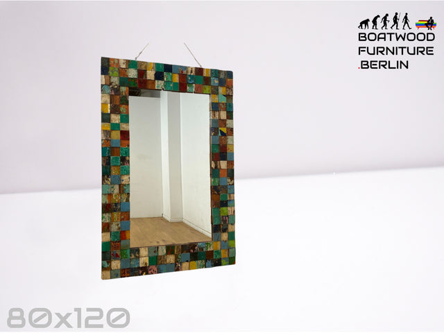 Boatwood by WMK # Bunterschöner 80x120 Wandspiegel , ein handgefertigtes Unikat aus altem Bootsholz in Originalfarben # bunter Spiegel Holzrahmen Flurspiegel Badspiegel Mirror Treibholz Bootsmöbel