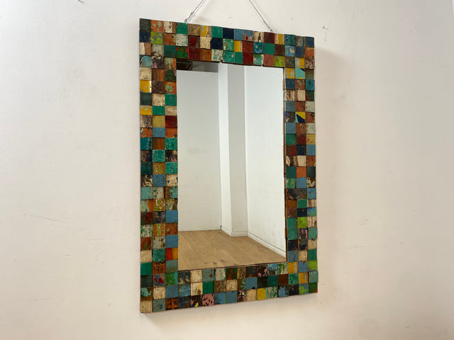 Boatwood by WMK # Bunterschöner 80x120 Wandspiegel , ein handgefertigtes Unikat aus altem Bootsholz in Originalfarben # bunter Spiegel Holzrahmen Flurspiegel Badspiegel Mirror Treibholz Bootsmöbel