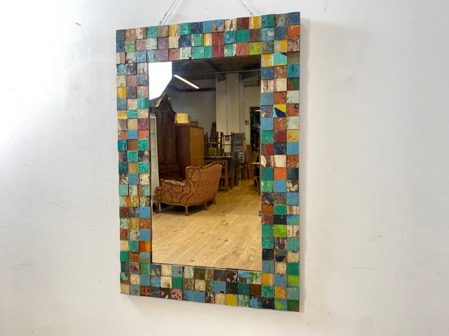 Boatwood by WMK # Bunterschöner 80x120 Wandspiegel , ein handgefertigtes Unikat aus altem Bootsholz in Originalfarben # bunter Spiegel Holzrahmen Flurspiegel Badspiegel Mirror Treibholz Bootsmöbel