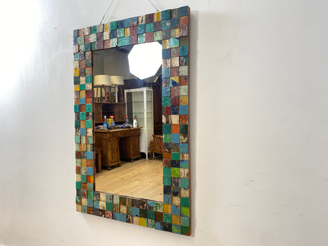 Boatwood by WMK # Bunterschöner 80x120 Wandspiegel , ein handgefertigtes Unikat aus altem Bootsholz in Originalfarben # bunter Spiegel Holzrahmen Flurspiegel Badspiegel Mirror Treibholz Bootsmöbel