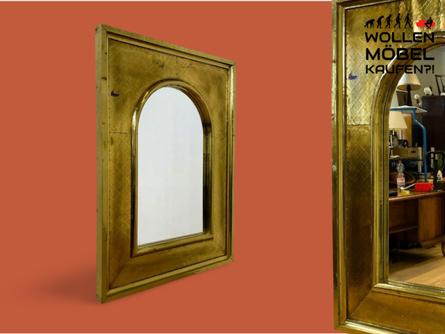 WMK # Imposanter 90x120cm großer goldener rundbogiger Vintage Wandspiegel in Art Deco Stil mit Holzrahmen ummantelt in Messing # Spiegel Mirror Goldspiegel Gold Goldrahmen Garderobe # Versand möglich