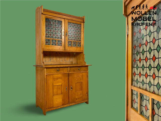 WMK I Wunderschöne antike Anrichte aus vollem Holz mit bunter floraler Bleiverglasung I Schrank Büffet Büfett Küchenschrank Küchenanrichte Jugendstil Vintage Bauern Weichholz Berlin Hannover Dresden