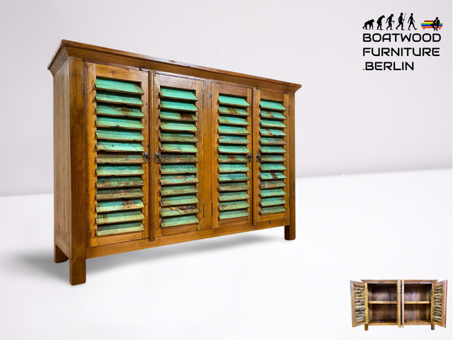 Boatwood by WMK # Sehr schöne Anrichte mit Lamellentüren I Handmade Unikat aus altem Bootsholz I Teakholz massiv # Highboard Küchenschrank Sideboard Kommode Schuhschrank Bücherschrank Stuttgart Bayern