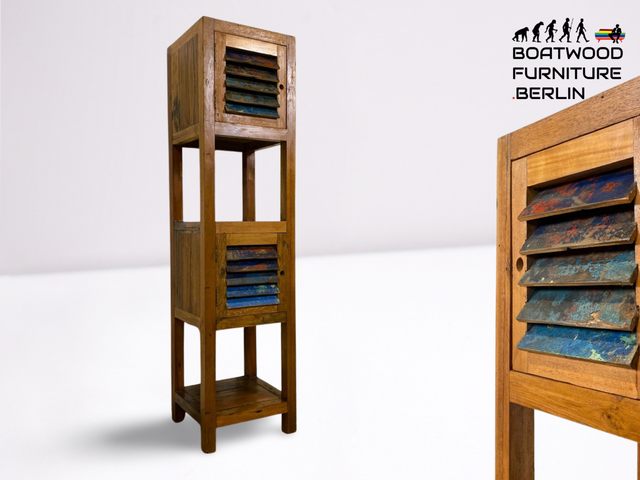 Boatwood by WMK I Besonderes Regal mit Lamellentüren I Handmade Unikat aus altem Bootsholz I Teakholz massiv I Holzregal Bücherregal Bücherschrank Küchenregal Badschrank Badregal Flurregal Berlin Kiel