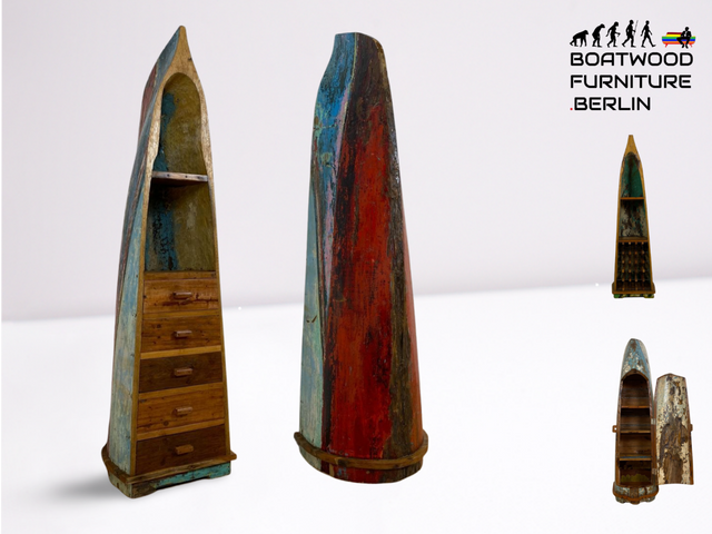 Boatwood by WMK # Einzigartiger Bücherschrank aus echtem Einbaum I ein handgefertigtes Unikat in Originalfarben I Regal Kommode Holzregal Eck Schubladen Bücher Schrank Fischer Boot Schiff Sylt Usedom