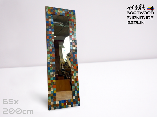 Boatwood by WMK # Einzigartiger 65x200cm großer Wandspiegel aus altem Bootsholz, ein handgefertigtes Unikat in Originalfarben # bunter Spiegel Flurspiegel Standspiegel Mirror Treibholz Bootsmöbel