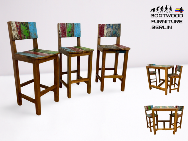 Boatwood by WMK I 1/3 Schöner bunter Barhocker I ein handmade Unikat aus altem Bootsholz l Teakholz massiv I Hocker Sitzhocker Küchenstuhl Holzstuhl Stuhl Bar Stool Hausbar Gastro Berlin Rostock Sylt