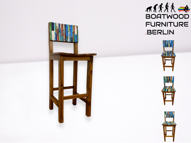Boatwood by WMK # 1/3 Bunterschöner Barhocker aus altem Bootsholz, ein handgefertigtes Unikat aus massivem Teakholz # Barstuhl Hocker Sitzhocker Stuhl Küchenstuhl Holzstuhl Bar Stool Hausbar Gastro