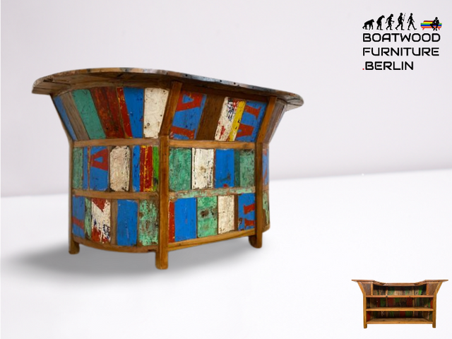 Boatwood by WMK I Einzigartige Bar aus altem Bootsholz I handgefertigtes Unikat in Originalfarben der Boote I Teakholz massiv I Hausbar Theke Cafe Bar Strand Beach Gastro Hotel Möbel Berlin Sylt Usedo