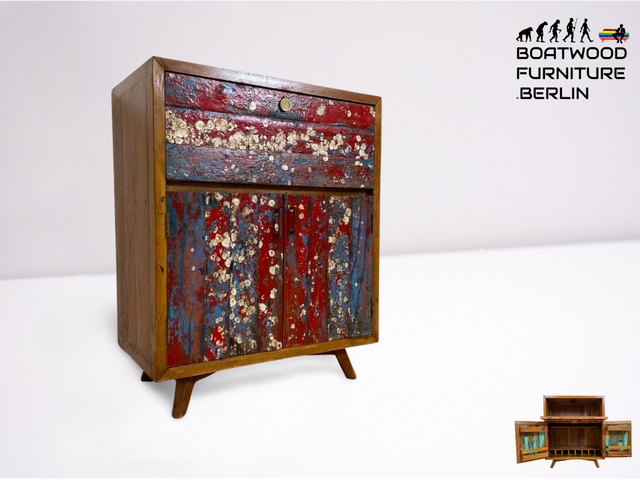 Boatwood by WMK # Besonders schöner Barschrank aus altem Bootsholz, ein handgefertigtes Unikat aus massivem Teakholz # Bar rote Barkommode Bartresen Tresen Hausbar Mini-Bar Theke Weinregal Bootsmöbel