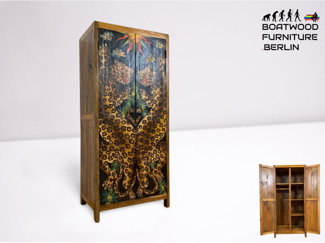 Boatwood by WMK # Einzigartiger Kleiderschrank kunstvoll handbemalt , ein aus altem Bootsholz handgefertigtes Unikat aus massivem Teakholz # Schrank Wäscheschrank Flurschrank Garderobe Wardrobe Teak