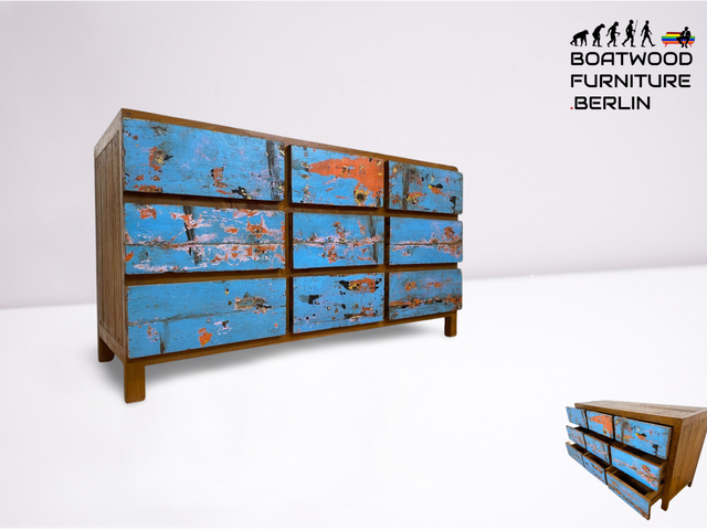 Boatwood by WMK # Wunderschönes & nachhaltiges Sideboard mit 9 Schubladen, ein aus altem Bootsholz handgefertigtes Unikat aus massivem Teakholz # Wäschekommode Kommode Schrank Anrichte Bootsmöbel Teak