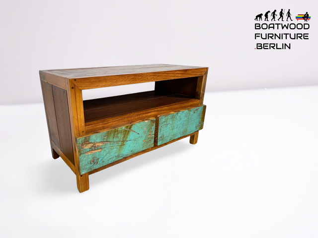 Boatwood by WMK I Besonders TV Lowboard mit Schubladen in Meeresblau I handgefertigtes Unikat aus altem Bootsholz I Teakholz massiv I Sideboard Kommode Bank Rack Fernsehkommode Berlin Augsburg Hamburg