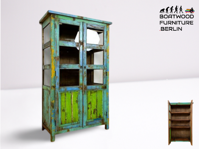 Boatwood by WMK I Besonders schöne Vitrine aus altem Bootsholz, ein handgefertigtes Unikat aus massivem Teakholz I Schrank Regal Highboard Bücher Geschirr Wäsche Kleider Küchen Berlin Rostock Duisburg
