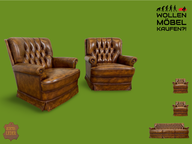 WMK I 1/2 Hochwertiger Chesterfield Sessel mit gestepptem Echtleder Bezug und Federkernsitz I Ledersessel Armchair Sitzgarnitur Ohren Lese Fernseh Club Cognac Braun Vintage Leder Berlin Bayern Dresden