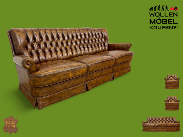 WMK I Hochwertiges freistellendes Chesterfield Sofa mit gestepptem Echtleder Bezug & Federkernsitz I Couch Ledercouch Ledersofa 3er 3-Sitzer Sitzgarnitur Cognac Braun Vintage Leder Berlin Bonn Bochum