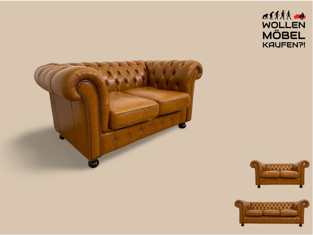 WMK # Hochwertiges & neuwertiges spätes Chesterfield Sofa mit dickem aber weichem gestepptem braunem Echtleder Bezug # 2er Sofa Couch Ledersofa Ledercouch Sitzgarnitur Leder Leather Stilmöbel Vintage