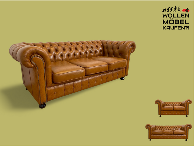 WMK # Hochwertiges & neuwertiges spätes Chesterfield Sofa mit dickem aber weichem gestepptem braunem Echtleder Bezug # 3er Sofa Couch Ledersofa Ledercouch Sitzgarnitur Leder Leather Stilmöbel Vintage