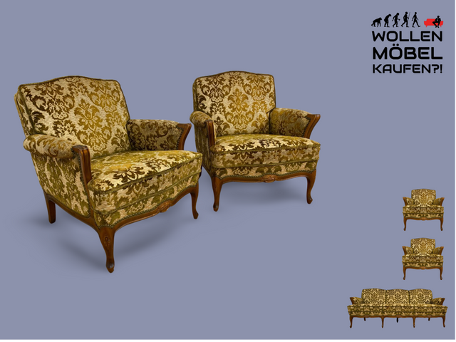 WMK # 1/2 Eleganter, gemütlicher und sehr gut erhaltener Chippendale Sessel mit wunderbarem Brokat Bezug & handverziertem Holzrahmen # Lesesessel Armchair Sitzgarnitur Stilmöbel Barock Rokoko Vintage