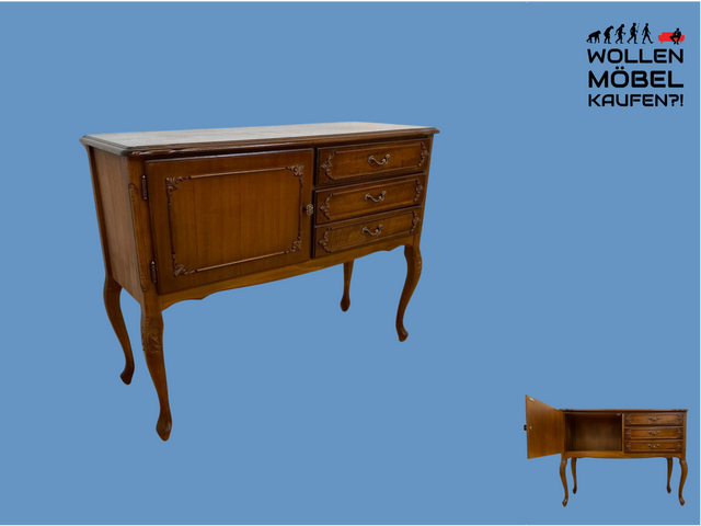 WMK # Elegantes und sehr gut erhaltenes Chippendale Sideboard in Nussbaum mit Schubladen und edlen Messinggriffen # Kommode Schrank Anrichte Fernsehkommode Flurkommode Wäschekommode Vintage 60er 70er