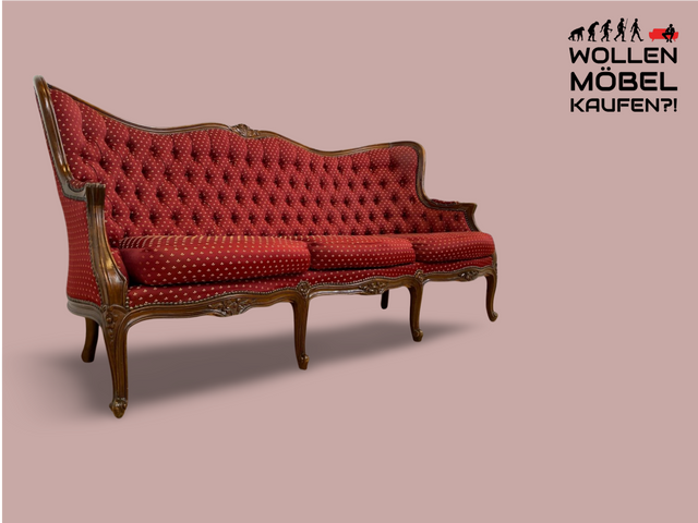 WMK I Vornehmes und sehr gut erhaltenes Chippendale Sofa mit handverziertem Holzrahmen und gestepptem weinrotem Bezug I Couch Chaiselongue Chesterfield Vintage Stilmöbel Rot Berlin München Magdeburg