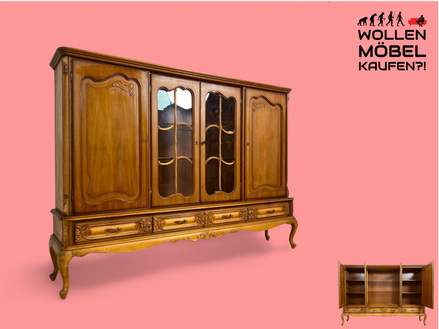 WMK # Eleganter und gut erhaltener Chippendale Wohnzimmerwand in Nussbaum mit Schubladen und hübschen Sprossenfenstern # Vitrine Büchervitrine Bücherschrank Bücherregal Schrank Anrichte Barock Rokoko Vintage