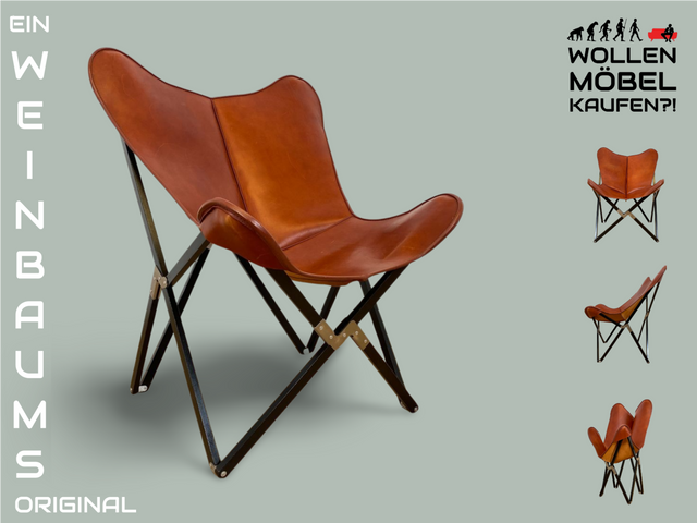 WMK I Das Highlight I Berühmter Designer Butterfly Chair von Weinbaums , zusammenfaltbar, mit hochwertigem Tabakbraunem Echtleder NP 1549€ I Sessel Stuhl Armchair Schmetterlingsstuhl BKF Leder Vintage