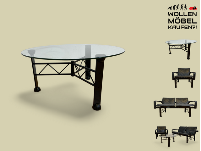 WMK # Stilvoller und sehr gut erhaltener Designer Couchtisch von Klöber aus 1996 mit runder Glasplatte 80cm auf schwarzem Metallgestell # Glastisch Wohnzimmertisch Coffee Table Sitzgarnitur Vintage