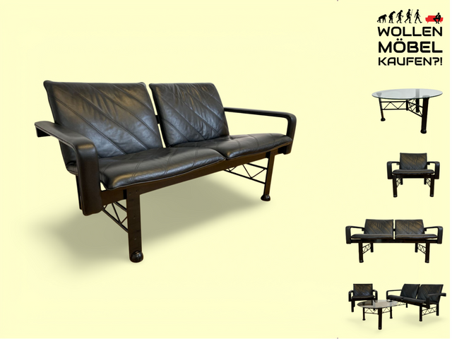 WMK # Stilvolles & hochwertiges Designersofa von Klöber aus 1996 mit Kunstleder Bezug auf schwarzem Metallrahmen # Sofa Couch Ledersofa Ledercouch Sitzbank Sitzgarnitur Büromöbel Praxismöbel Vintage