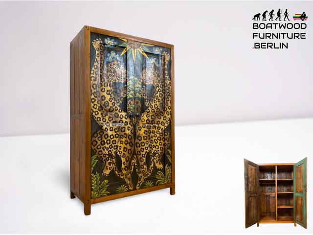Boatwood by WMK # Exotischer Kleiderschrank kunstvoll handbemalt , ein aus altem Bootsholz handgefertigtes Unikat aus massivem Teakholz # Schrank Wäscheschrank Flurschrank Wardrobe Garderobe Teak