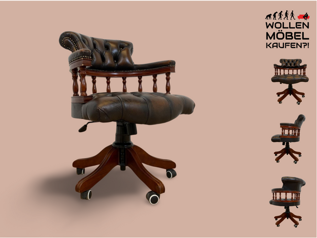 WMK # Stilvoller höhenverstellbarer Englischer Schreibtischstuhl in Viktorianischem Stil in gestepptem Leder # Drehstuhl Drehsessel Ledersessel Chefsessel Captain Chair Bürostuhl Chesterfield Vintage