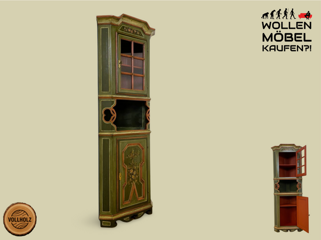 WMK I Wunderschöne grüne historische Eckvitrine, Vollholz, mit Sprossenfenster, floral handbemalt I Vintage Eckschrank Eckkommode Bücherschrank Büchervitrine Bauernschrank Volkskunst Blumen Vintage
