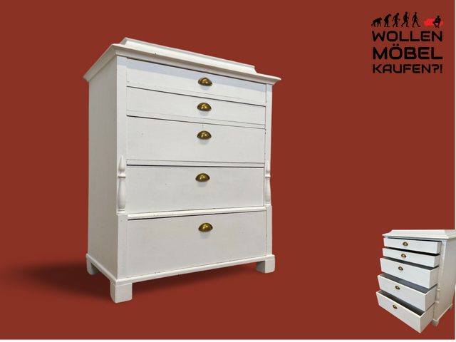 WMK # Elegante große antike Kommode in weiß aus vollem Holz mit geräumigen Schubladen und Messinggriffen, um 1890 # Schrank Schubladenkommode Wäschekommode Highboard Biedermeier Shabby Chic Vintage