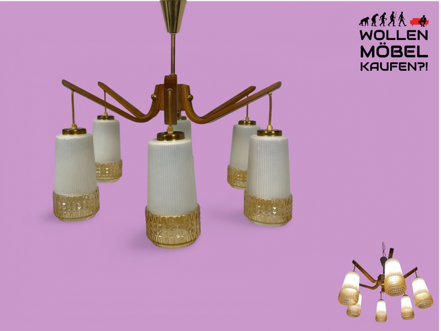 WMK # Stilvoller und sehr gut erhaltener großer Mid-Century Kronleuchter im skandinavischen Stil aus Opalglas & Teakholz # Lampe Deckenlampe Deckenleuchte Hängelampe Pendelleuchte Lüster Vintage DDR