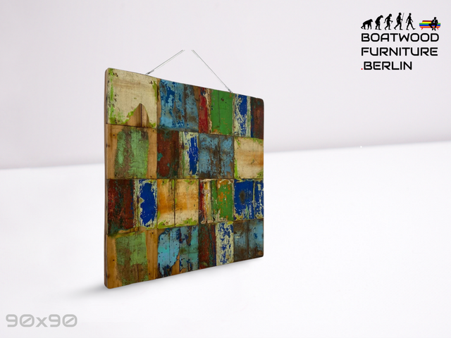 Boatwood by WMK # 90x90cm großes Patchwork Holz Bild , ein handgefertigtes Unikat aus recyceltem Bootsholz # buntes Wandbild Wandpaneel Bild Kunstwerk Design Loft Wanddekoration Mosaik Wanddekor Dekor