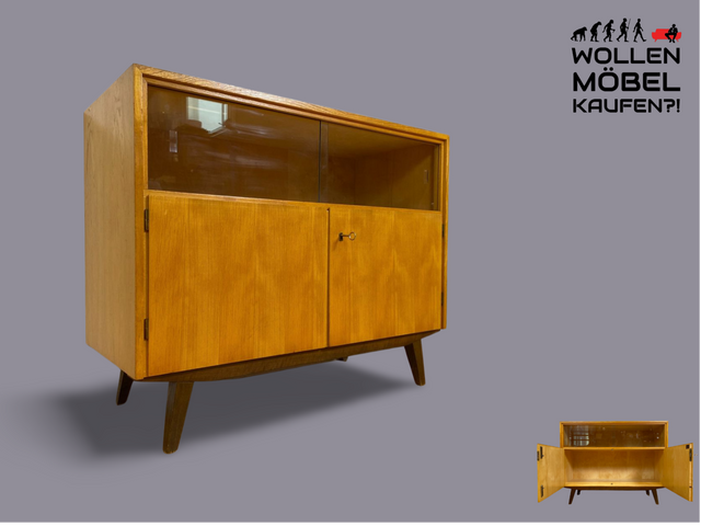 WMK I Sehr schöne helle Mid-Century Kommode mit Vitrine und konischen Füßen I Sideboard Wäschekommode TV Lowboard Bank Barkommode Chest Schrank Sideboard Vintage 50er 60er Frankfurt Magdeburg Potsdam