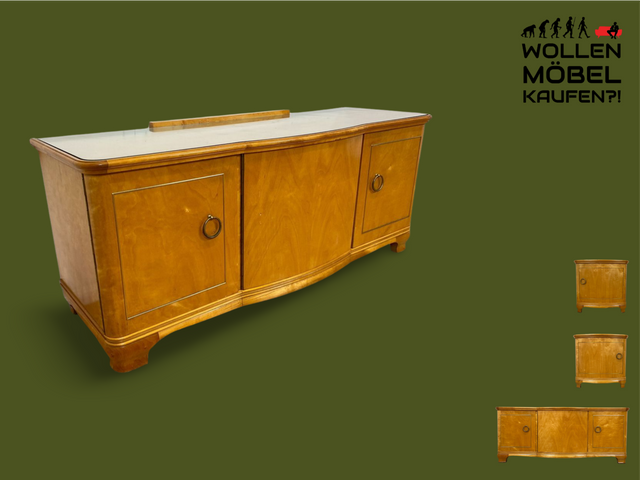 WMK I Formschönes helles Mid-Century Sideboard aus vollem Holz mit Schubladen, abnehmbarer Glasauflage und Messingbeschlag I Kommode Schrank Wäschekommode TV Lowboard Vintage 60er Berlin Passau Bremen