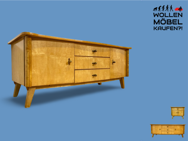 WMK I Freundliches helles Mid-Century Sideboard aus vollem Holz mit schönen Originalgriffen, Glasauflage & Schubladen I Kommode Lowboard Wäschekommode TV Board Bank Vintage 50er 60er Berlin Bremen NRW