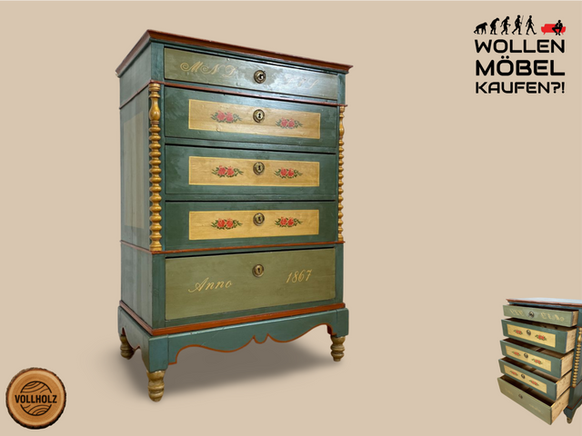 WMK I Anno 1867 I Historischer Hochschrank, Vollholz handbemalt, mit Schubladen & Baluster-Säulen I Schrank Bauernschrank Bauernkommode Highboard Kommode kein Voglauer Biedermeier Antik Vintage Berlin