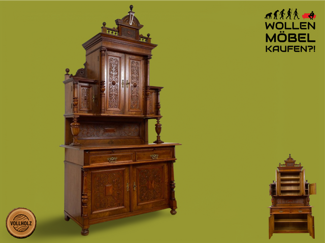 WMK I Prachtvoller historischer Schrank , Vollholz in Nussbaum, reich handverziert mit Balustrade und Giebelkrönung I Anrichte Aufsatz Buffet Büfett Kommode Geschirrschrank Vintage Antik Gründerzeit