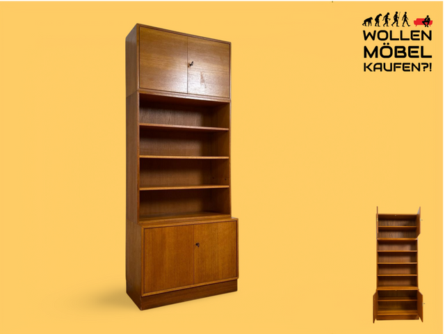 WMK # Stilvoller und sehr gut erhaltener hoher und modularer Mid-Century Bücherschrank aus 1960 in Teakholz # Schrank Highboard Regal Wohnzimmerschrank Bücherregal Schrankwand Regalwand Vintage Teak