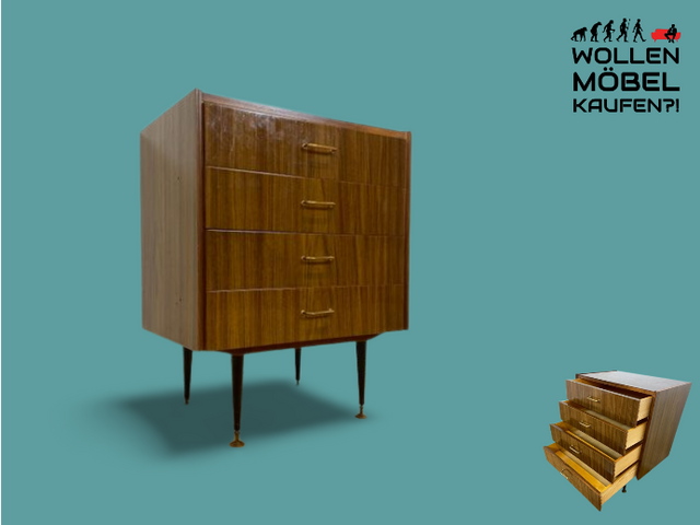 WMK I Hübsche kleine dunkle 70er Jahre DDR Kommode mit Schubladen , formschönen Messinggriffen & Metallfüßen I Schränkchen Tisch Nacht Wäsche Flur Beistell Bad Retro Vintage VEB Berlin Hamburg Bochum