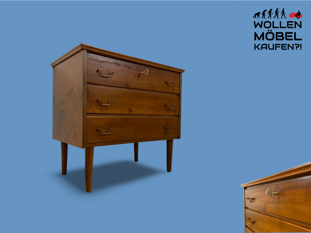 WMK I Stilvolle kleine skandinavische Mid-Century Kommode aus vollem Holz mit Schubladen & Messinggriffen I Schrank Sideboard Wäsche Flur Chest 50er 60er Danish Design Vintage Berlin Magdeburg Passau
