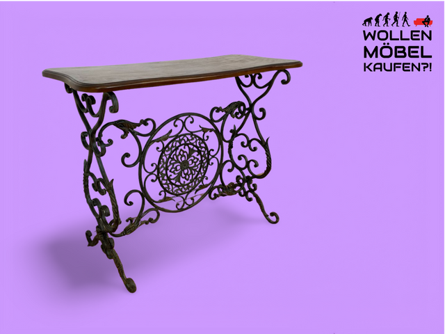 WMK # Eleganter und gut erhaltener Konsolentisch aus formschöner Holztischplatte auf kunstvollem antikem Metallgestell # Konsole Metallkonsole Ablage Tisch Beistelltisch Flurkommode Gusseisen Vintage