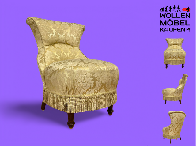 WMK I Herrlicher Louis Philippe Boudoirstuhl mit edlem Damastbezug in Gold mit floralem Barock Dekor und Fransen, um 1880 I antiker Sessel Stuhl Lesesessel Cocktailsessel Rokoko Biedermeier Vintage