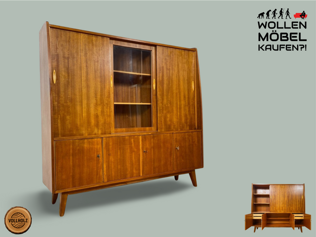 WMK # Besonders schöner Mid-Century Wohnzimmerschrank aus 1961, Vollholz, mit Schiebetüren und Schubladen I Schrank Bücherschrank Büchervitrine Highboard Sideboard Schrankwand 50er 60er Vintage Berlin