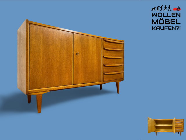 WMK I Stilvolles Mid-Century Sideboard in Eiche mit Schubladen I Kommode Schrank Wohnzimmerschrank Anrichte Lowboard TV-Schrank TV-Board Vintage DDR Berlin Dresden Bayern Frankfurt
