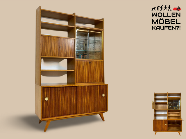 WMK I Stilvolles Mid-Century Highboard mit verspiegelter Vitrine & Schiebetüren I Wohnzimmerschrank Sideboard Regalwand Regal Bücherregal Bücherschrank Bar Barschrank Vintage 60er Berlin Köln Koblenz