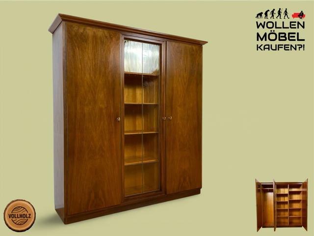 WMK I Hochwertiger Mid-Century Wohnzimmerschrank aus 1956, Vollholz in Nussbaum, mit Vitrine , auszieh. Kleiderstange und Blei Glas I Schrank Highboard Sideboard Kleiderschrank 50er Vintage Berlin